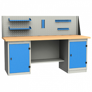 Верстак двухтумбовый, 1х1,1х4, ДС 2000мм, экран + навеска, синий, GARWIN, 2000_WD_1х1, 1х4_B