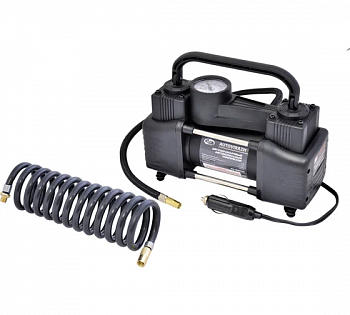 Компрессор двухцилиндровый 85 л/мин с манометром, пневматический спиральный шланг "AUTOVIRAZH", AV-010888