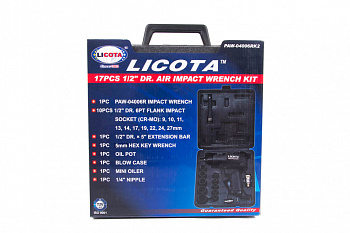 Гайковерт пневматический LICOTA 1/2" 57кг с головками 9-27мм и аксессуарами в кейсе, PAW-04006RK2