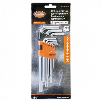Набор ключей Г-образных HEX удлиненных 1,5-10мм "AV Steel" 9 предметов, AV-362109